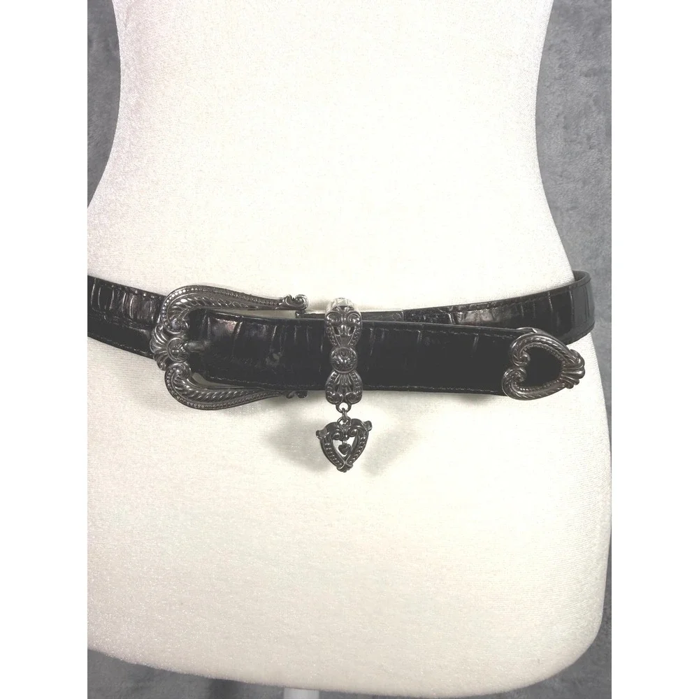 Brighton Black Brown Croc Reversible Leather Western Belt Silver Heart Medium 30